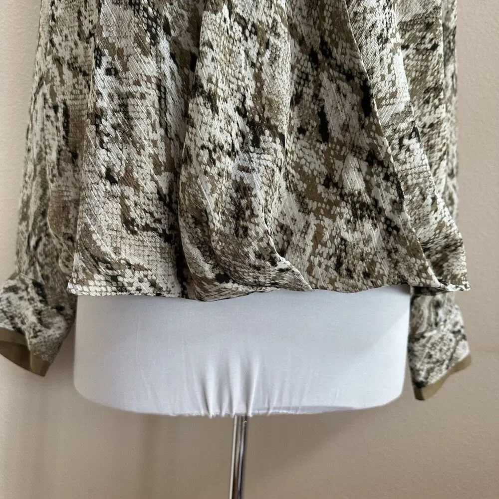 DKNY Top Women's XL Brown Snake Print Faux-Wrap Long Sleeve Semi Sheer Career - Picture 6 of 11